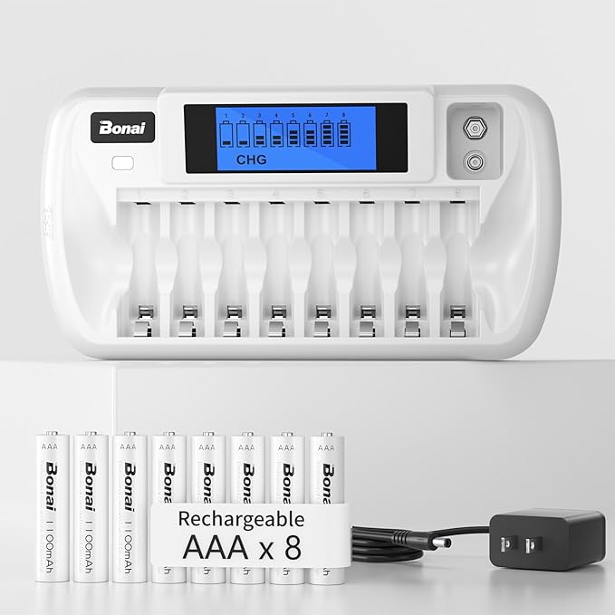 BONAI Rechargeable AAA Batteries with Charger, 8+1 Bay Battery Charger AA AAA with LCD Display for 1.2V NiMH AA AAA 9V, 1100mAh High Capacity Low Self Discharge- 8 Pack