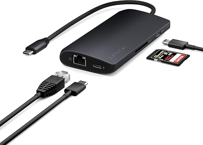 Satechi 8 in 1 USB C Hub Multiport Adapter V3, 8K HDMI, 100W Charging, 4 USB Data Ports, Ethernet, SD Card Reader, for Laptop, for Mac/Windows, MacBook Air/Pro M5/M4, iPad - Midnight