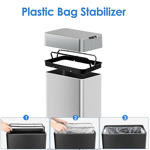 TLSUNNY 16 Gallon Automatic Trash Can, Stainless Steel Motion Sensor Garbage bin, Smart Trash Can W/Butterfly Lid, Bag Retainer Ring and Display Light for Living Room,Kitchen,Office (Silver, 60L)