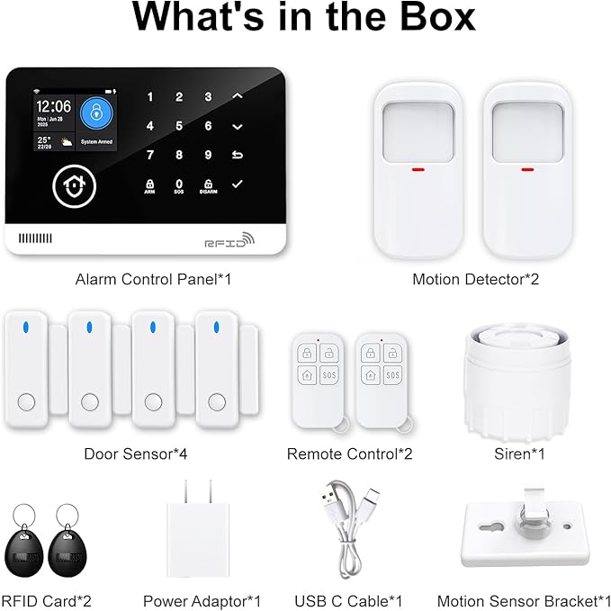 Home Security System, 4G/WiFi GSM SMS Wireless Home Alarm System with Motion Detector, 120dB Alarm Siren, Smart Remote Control, LCD Display, Compatible with Alexa and Google(12 Pieces)