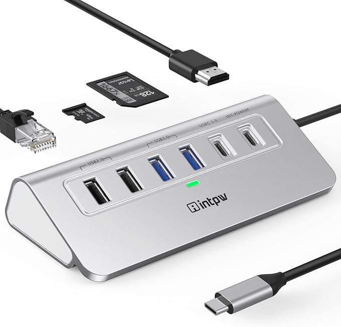 intpw P9R USB C Hub Ethernet, 10-in-1 USB-C Docking Station, Aluminum USB to Ethernet Adapter with 4K HDMI, PD 100W, 1Gbps RJ45, Type-C & 2 A 3.0 5Gbps, 2 Type-A 2.0, SD/TF Slot for MacBook, iPad
