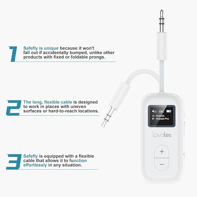 SafeFly Dual Bluetooth Transmitter with Screen for 2 Airpods, Wireless Audio Adapter Support aptX Low Latency, Long Range, 30H Battery Life, 3.5 mm Audio Jack on Airplanes, TV, Gym, MP3-White