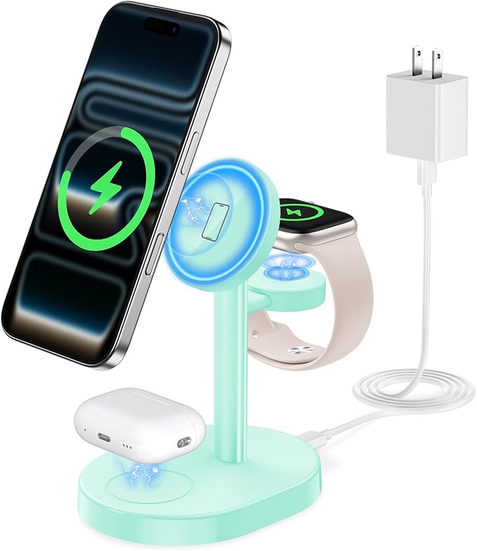 Hevanto 2025 3 in 1 Wireless Charging Station for Apple MagSafe Charger, 15W Fast Mag-Safe Charger Stand for iPhone 17 16 15 14 13 12 Apple Watch AirPods Compatible with MagSafe, Mint