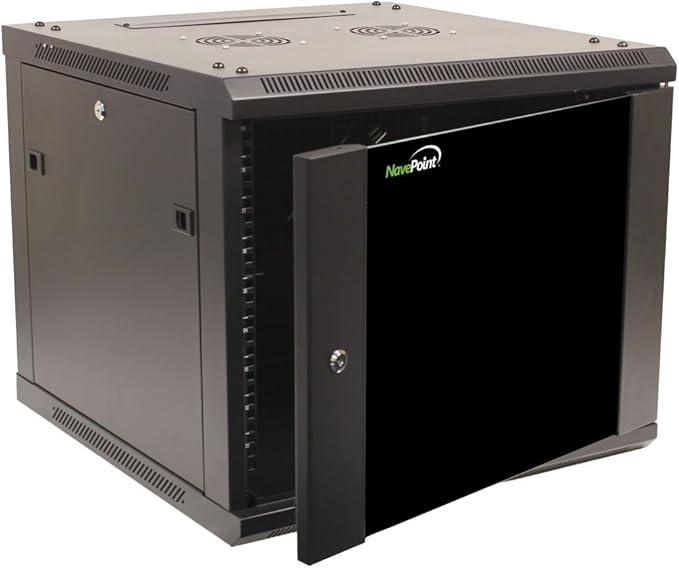 NavePoint 9U Server Cabinet Wall Mount Rack Enclosure Includes 2 Fans, Locking Glass Door, Removable Side Panels – 9U Network Cabinet 23.6” Deep, 19 Inch Server Rack for IT and A/V Equipment