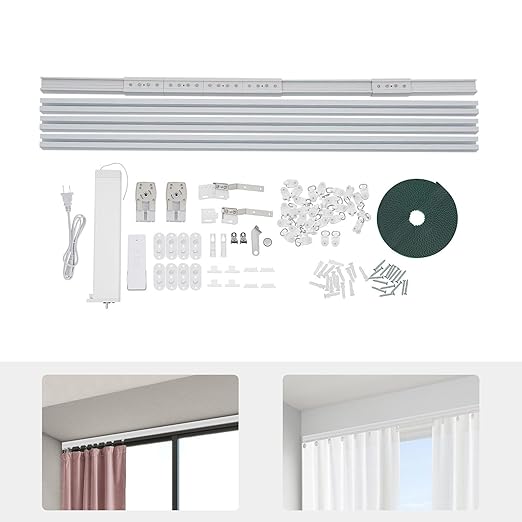 Smart Curtain Motor with Remote, Compatible with Alexa & Google Home App Control, 18W Electric Curtain Rail Track for Smart Home, 90-240V Power (3.28ft Cord) (White)