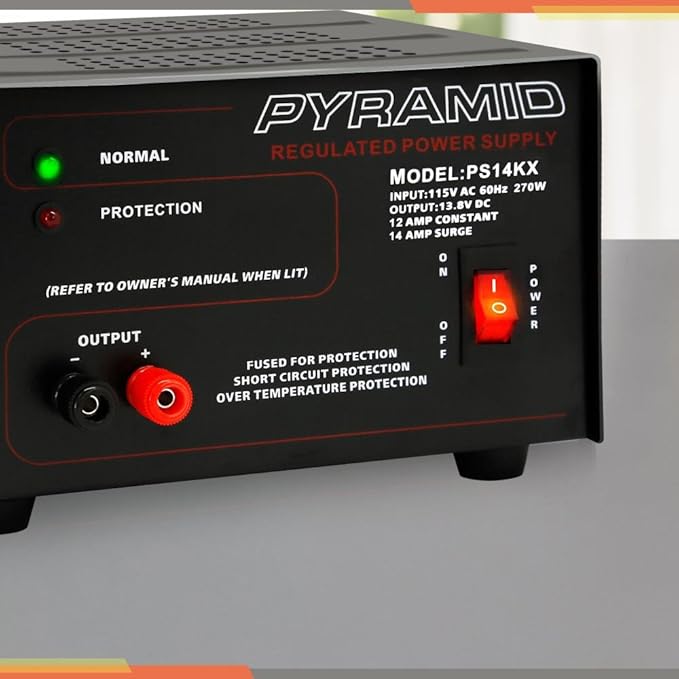 Pyramid Universal Compact Bench Power Supply - 12 Amp Linear Regulated Home Lab Benchtop AC-to-DC 12V Converter w/ 13.8 Volt DC 115V AC 270 Watt Power Input, Screw Type Terminals, Cooling Fan PS14KX