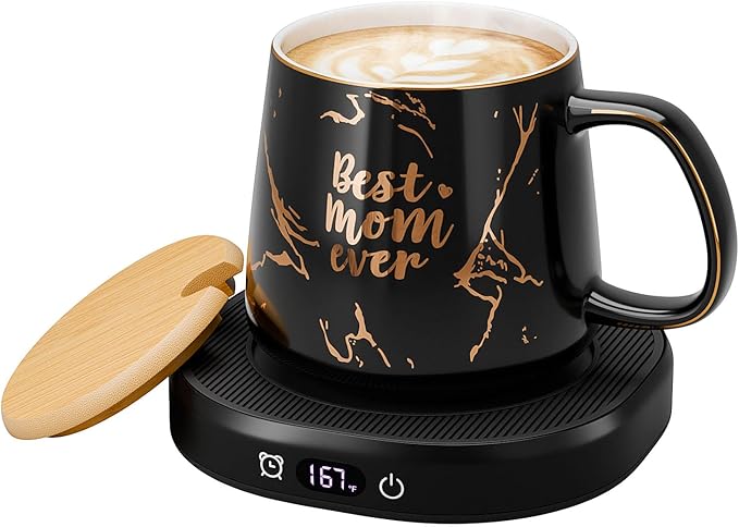 Coffee Mug Warmer & Best MOM Ever Mug Set, Electric Coffee Cup Warmer for Desk 8H Auto Shut Off, Tea Beverage Coffee Warmer with 4 Temperature Setting, Women Mother Birthday Mom Gift from Daughter Son