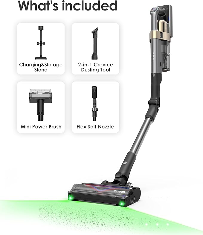 Tineco Pure ONE A90S Cordless Vacuum Cleaner, 270AW Powerful Suction Stick Vacuum Cordless Rechargeable, Up to 105min Runtime, 3DSense Master Brush, 150° Green LED Light with Floor Type Detection