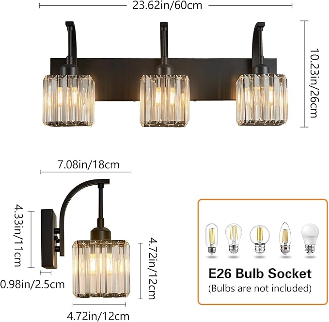 FDPBY Crystal Vanity Lights 3-Light Black Bathroom Vanity Lights Modern Crystal Bathroom Light Fixtures Over Mirror 23.62" Long Vanity Light for Bathroom
