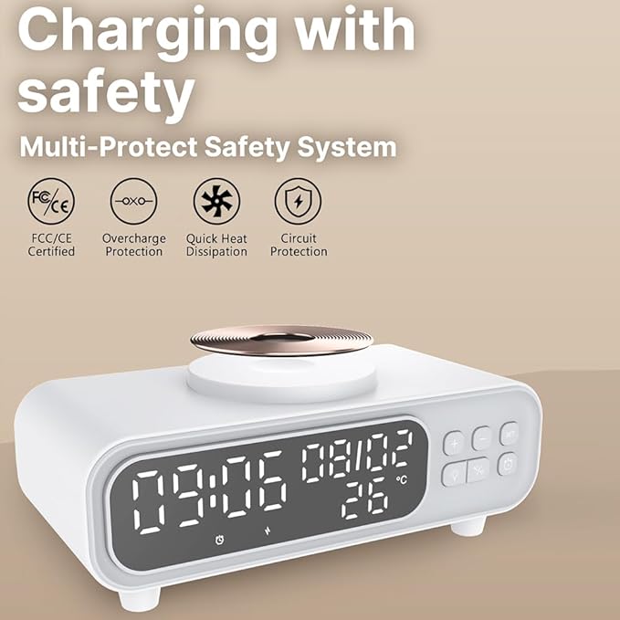 IHAO 5in1 Alarm Clock with Wireless Charging Night Light 15W Fast Charger for Phone and Headphone, LED Digital Display with Date & Temperature, Dimmable for Bedroom & Office-D15 Clock White