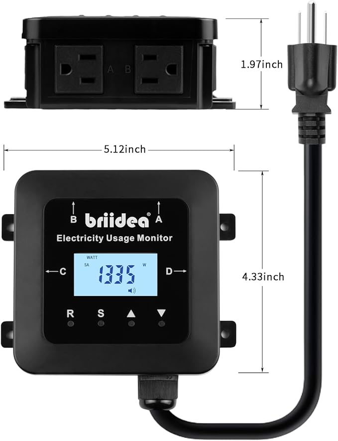 briidea Electricity Usage Monitor, 4-Outlet Power Consumption Watt Voltage Amp Meter Tester, Real-Time Energy Analyzer with Backlit LCD, Overload Alerts, Memory Function for Home Appliances