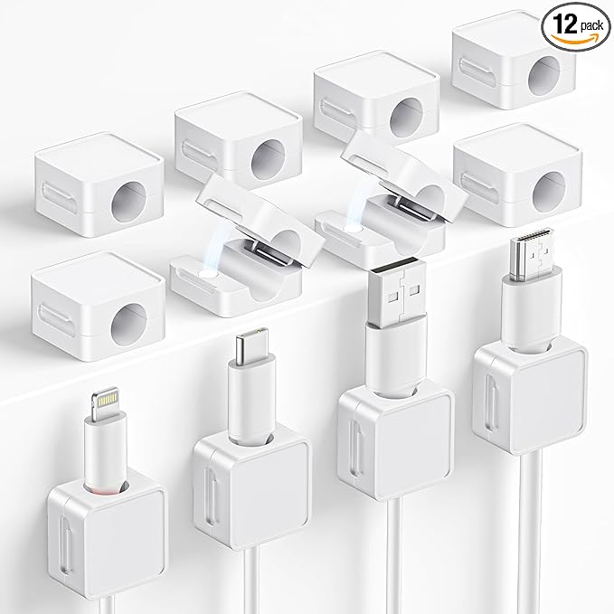 Magnetic Cable Clips, 12 Pack Cord Holder, Desk Cable Management, Adhesive Wire Holder Keeper Organizer for Home Office Desk Phone Car Wall Desktop Nightstand
