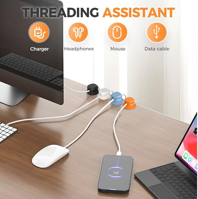 Magnetic Cord Organizer Holder, Upgrade Cord Holder for Nightstand, Adhesive Wire Cable Clips Management Kit for Phone Charger, Computer, Home, Office, Desk, Nightstand (Orange, 12 Packs)