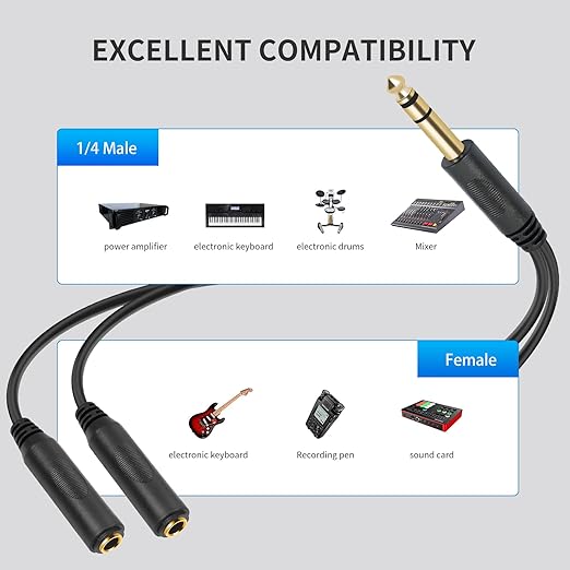SiYear 6.35mm 1/4 inch Male Plug Stereo to 2 Dual 1/4 "TRS Female Jack Connector Audio Speaker Cable, Y Splitter Adapter Cable (20CM / 8Inch)