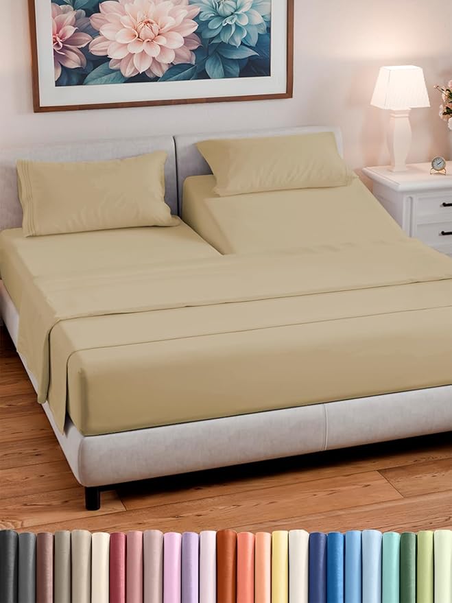 Split Head King Sheet Set – 4 Piece Flex Split Top King Sheets for Adjustable Beds - Fits 14” to 16" Mattress w/ Deep Pockets - Ultra-Soft, Breathable & Cooling - Luxury Bedding & Wrinkle Free - Beige