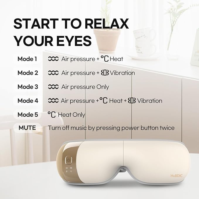 HubiCare Eye Massager with Heat, Vibration, and Music Helps Relieve Strain, Dark Circles, Dryness, and for Migraine Relief Relaxation and Better Sleep Valentines Day Gifts for Women/Men (Beige)