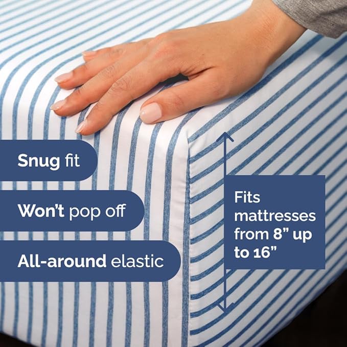 Full XL Bed Sheet Set - 4 Piece Extra Long Extended Full XL Sheets - Soft, Breathable & Cooling - Fits 8" to 16" Mattress with Deep Pockets - 54" x 80" - Wrinkle and Fade Resistant - Blue Stripes 2