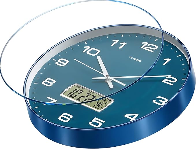 TIMESS Wall Clock, 13" Dial Non-Ticking Silent Battery Operated Analog with LCD Display for Perpetual Calendar and F° Temperature, Ideal Modern Home, Office Decor (Blue)