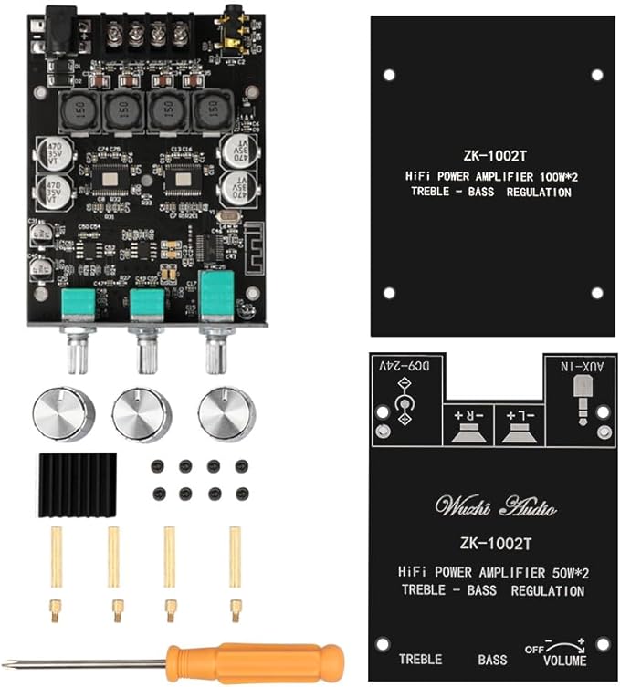 ZK-1002T Bluetooth Amplifier Board 2.0CH 100W*2 Mini Audio AMP with Treble and Bass Control, BT and AUX Inputs, DC 9-24V Stereo AMP Module for Home Speakers, Update Version APP Control
