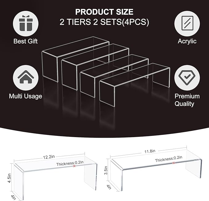 Blaithom Acrylic Display Riser Stand,4Pcs 12'' Length Tier Display Stands, Thickened to 0.2''(5mm) Acrylic Shelf Risers for Perfume Display,Risers for Buffet Table,Cupcake Stand,Pop Figurines,Tumbler,Food