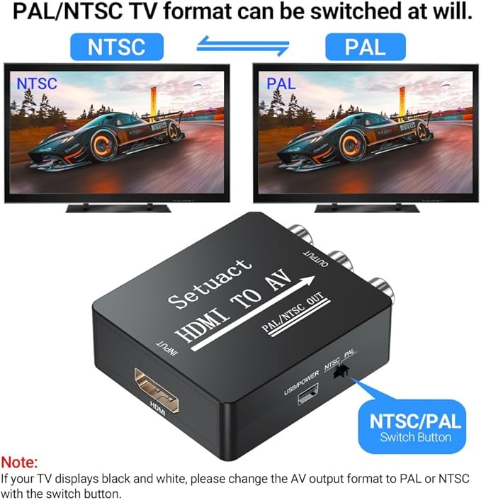 Setuact HDMI to AV Converter, HDMI to RCA Converter, Supports PAL/NTSC for Apple TV, Roku, Fire Stick, Blu-ray, DVD Player, Older TV, Projector, (with Male RCA Cables)