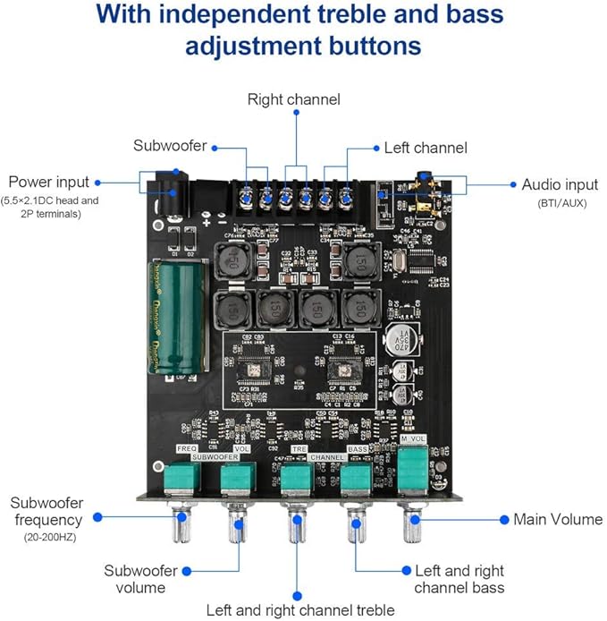 Bluetooth Audio Amplifier Board, ZK-TB21 2.1CH 50W x 2 +100W Subwoofer Power Amp with Treble and Bass Control, Bluetooth5.0 and AUX Inputs, Stereo Digital AMP for DIY Home Speakers