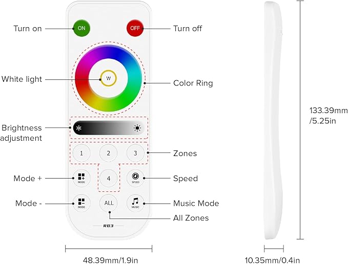 BTF-LIGHTING RB3 2.4G Wireless Touch RF Remote for SPI Chasing RGB RGBW LED Strip Light 4 Zone Control Match with SP530E SP630E SP633E SP634E SP638E SP639E SP63BE