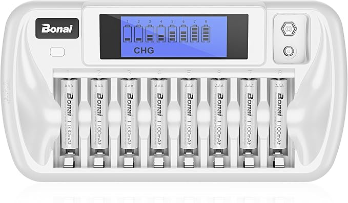 BONAI Rechargeable AAA Batteries with Charger, 8+1 Bay Battery Charger AA AAA with LCD Display for 1.2V NiMH AA AAA 9V, 1100mAh High Capacity Low Self Discharge- 8 Pack