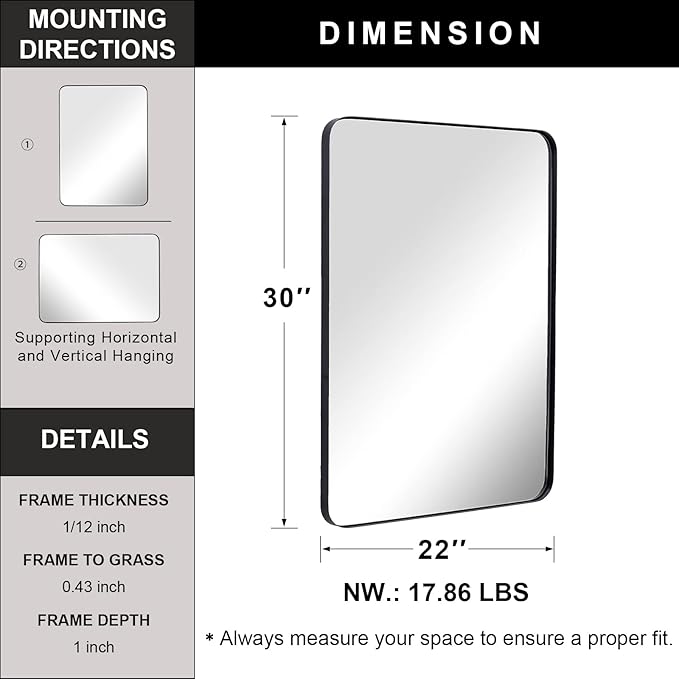 ANDY STAR Wall Mirror for Bathroom with Stainless Steel Metal Frame, 22"x30" Rectangle Rounded Corner Frame, Matte Black Finish