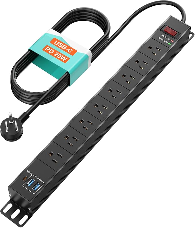 QBA 8 Outlet Metal Power Strip with USB C PD 20W, Heavy Duty Wide Spaced Outlets, Wall Mount for Home Office Garage Workshop, 6ft Cord, Black