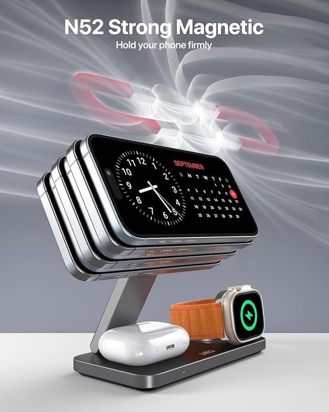 UEQ Foldable 3 in 1 Wireless Charging Station for Apple Compatible with Magsafe Charger Stand,Magnetic Wireless Charger Station for iPhone 17 Air16 15 14 13 12 Series,Airpods Pro,Apple Watch(Black)