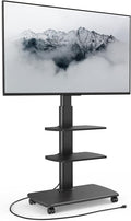 FITUEYES Rolling TV Stand with Power Outlets, Swivel Portable TV Stand for 32-70 Inch LCD LED OLED Flat/Curved Panel Screen TVs, Height Adjustable&Wood Base, Mobile TV Cart with 2 Shelves, Black