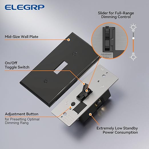 ELEGRP Digital Toggle Dimmer Switch for Dimmable LED, CFL and Incandescent Light Bulbs, Single Pole or 3-Way Toggle LED Dimmer Light Switch, Wall Plate Included, UL Listed, 10 Pack, Black