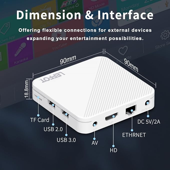 Android 14.0 TV Box 2025, LEFFOT H313 4K Ultra HD Streaming Device for TV with BT 5.4, 2GB RAM + 16GB ROM, Smart TV Box with Voice Remote, USB 3.0, HDR 10, 2.4G & 5G WiFi 6