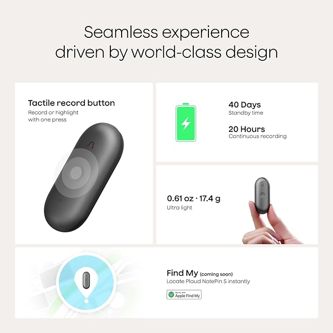 Plaud NotePin S AI Voice Recorder, Wearable AI Notetaker, AI Transcribe & Summarize, Support 112 Languages, 64GB Memory, Audio Recorder for Meetings Interviews with 4 Accessories