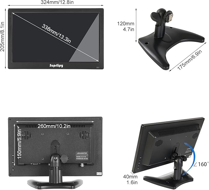 Suprlipy 13.3 inch FHD Small IPS Monitor LCD Display Screen 1920x1080 60Hz 16:9 with BNC VGA AV Input Built-in Lounspeakers for CCTV Security Camera DVR PC RasPi