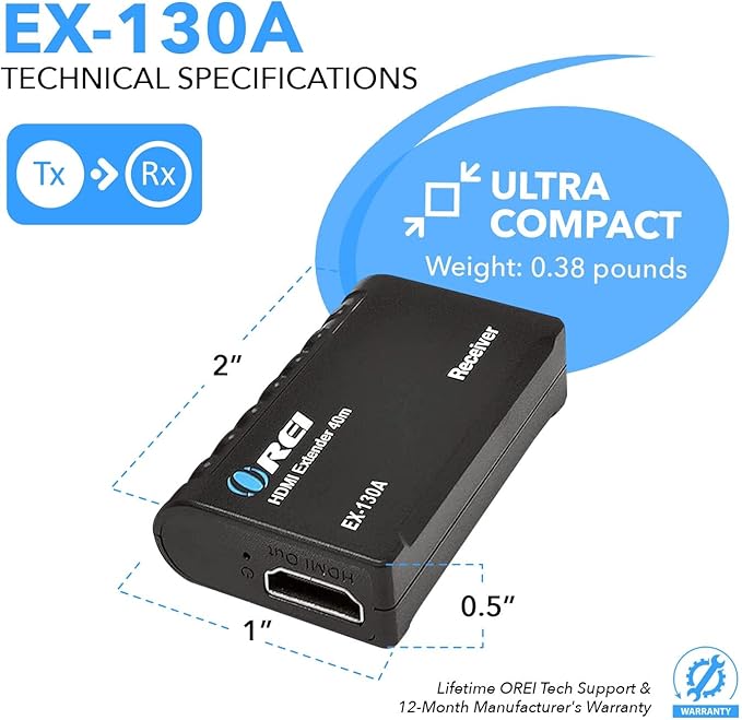 OREI HDMI Over Ethernet Extender– HDMI 1.4 with 1080p@60Hz Resolution, Power Over Cable - HDMI Over CAT6 Extension Up to 131 feet (EX-130A)