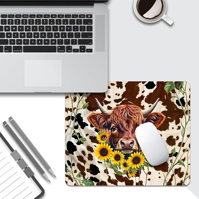 Western Highland Cow Sunflowers and Cowhide Brown Square Mouse pad, Texture, Waterproof, Anti Slip Rubber Base, Computer Mouse pad