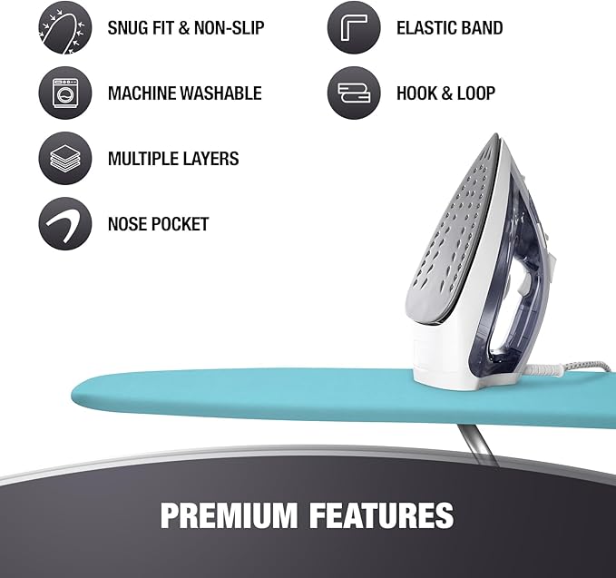 COTTY HOME Extra Thick Ironing Board Covers with Pad Standard Size 15x54, Heat Reflective Full Scorch Resistant Padding, Snug Fit Non-Slip Nose Pocket Fastener Straps Elastic Edges, Turquoise