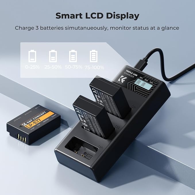 K&F CONCEPT 3-Pack LP-E17 Battery and Upgraded 3-Slot LCD Charger Compatible - Image 4