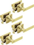 Mengico 4 Pack Gold Privacy Lever Door Handle Interior with Lock, Heavy Duty Square Door Lock for Bed/Bath, Keyless Door Locksets, Reversible for Left Right Handed Doors