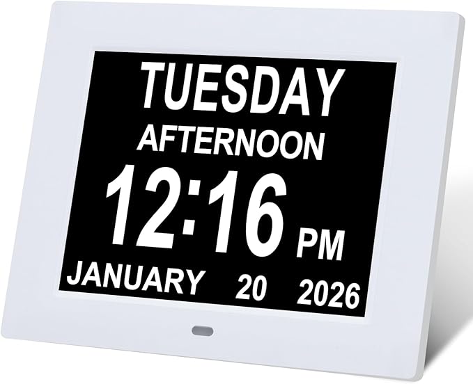 Digital Dementia Alarm Clock 8 inch Large Display, Electronic Calendar Clock with Day and Date for Elderly,3 Time Period Oversized Character Drug Reminders Clock for Dementia Elderly Patients