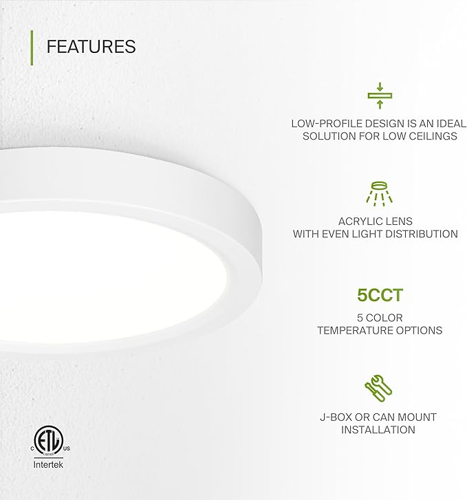 ASD LED 7" Round Flush Mount Ceiling Light Fixture, Low Profile Surface Lighting | 5CCT, Dimmable, Ultra-Thin, ETL Listed | 15W 1260LM 2700-6000K 120V | Kitchen, Bedroom, Hallway Lamp | White, 6 Pack