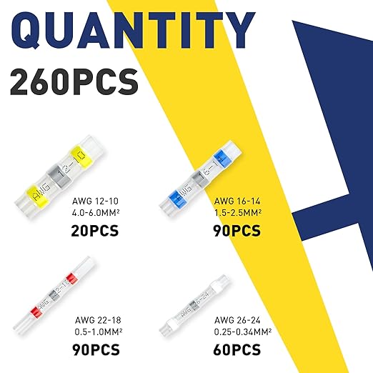 Haisstronica 260PCS Waterproof Heat Shrink Wire Connectors - Self Solder, Marine & Stereo (20Yellow, 60White, 90Red, 90Blue) Solder Sleeve