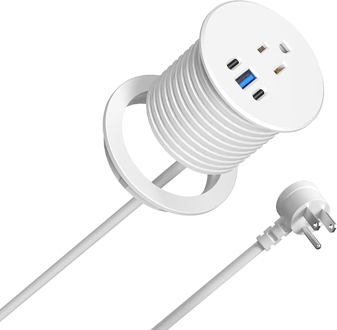 2.5 inch Power Grommet,20W USB-C Charging,1 Outlet with 2 USB C,1 USB Port,Furniture Flush Mount for Desktop,Recessed Power Strip,Workspace Essential Desk Outlet (White, 10 FT)