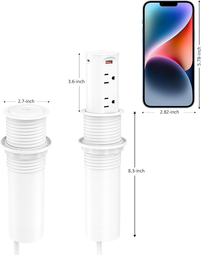Jgstkcity 2.5 inch Hole Pop up Outlet for Countertop,20W USB C,4 USB Ports,4 Outlets 15Amp Receptacle Flush Mount,Space Saver Recessed Outlet,1875W,ETL Listed,2 PCS (White, 20W USB)