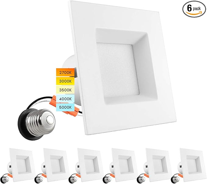 LUXRITE 4 Inch Square Recessed LED Can Lights, CCT Color Temperature Selectable 2700K | 3000K | 3500K | 4000K | 5000K, Dimmable Recessed Lights, 750 Lumens, CRI 90, Energy Star, Wet Rated (6 Pack)