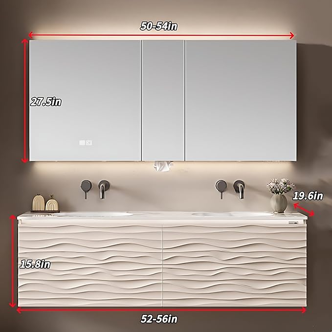 52IN Bathroom Vanity - Smart Defogging Mirror Cabinet | Waterproofing Technology & Wave Shaped Door Panel, Floating Bathroom Vanities with Large Storage Space (Mirror Cabinet)