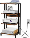 X-cosrack 16.5" Small 4-Tier AV Media Stand with Power Strips,Narrow Version Wooden Corner Shelf Stereo Cabinet Audio Rack Stand Tower for Small DVD Players Game Console TV Box Cable Box WiFi Router