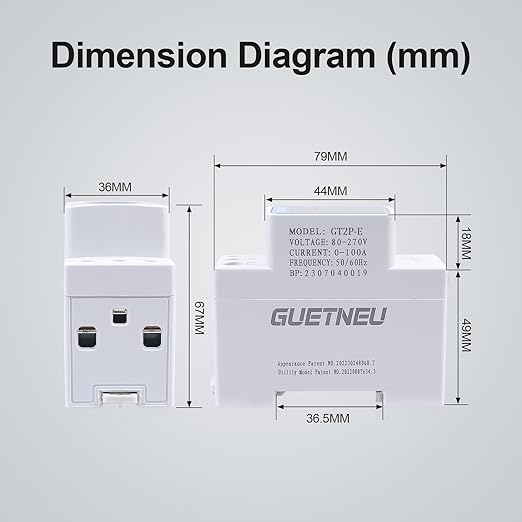 GUETNEU Color Digital Display Energy Meter Multifunction Tester Rail-Mounted Meter GT2P-E, 80270V AC, 0100A, 025KW, 50/60Hz. Measurement of Volts, Amps, Watts, Hertz, PF and Kilowatt-Hours